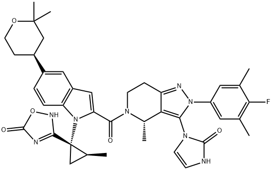 3-[(1S,2S)-1-[2-[[(4S)-3-(2,3-Dihydro-2-oxo-1H-imidazol-1-yl)-2-(4-fluoro-3,5-dimethylphenyl)-2,4,6,7-tetrahydro-4-methyl-5H-pyrazolo[4,3-c]pyridin-5-yl]carbonyl]-5-[(4S)-tetrahydro-2,2-dimethyl-2H-pyran-4-yl]-1H-indol-1-yl]-2-methylcyclopropyl]-1,2,4-oxadiazol-5(2H)-one Structure
